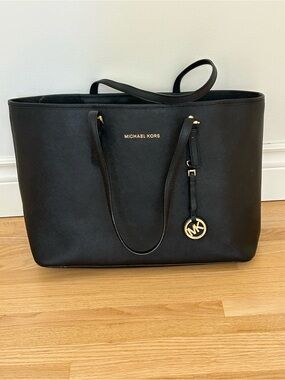 Michael Kors Black Leather Tote with Gold MK Charm